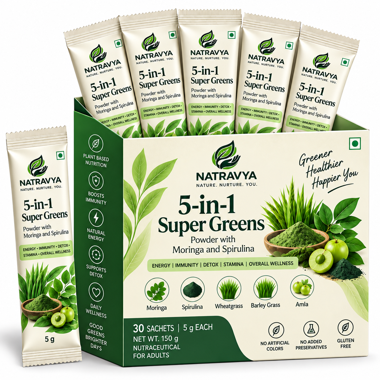 5-in-1 Super Greens Powder with Moringa and Spirulina